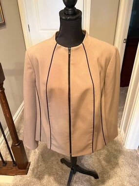Kasper Tan Zip-Front Blazer with Black Piping